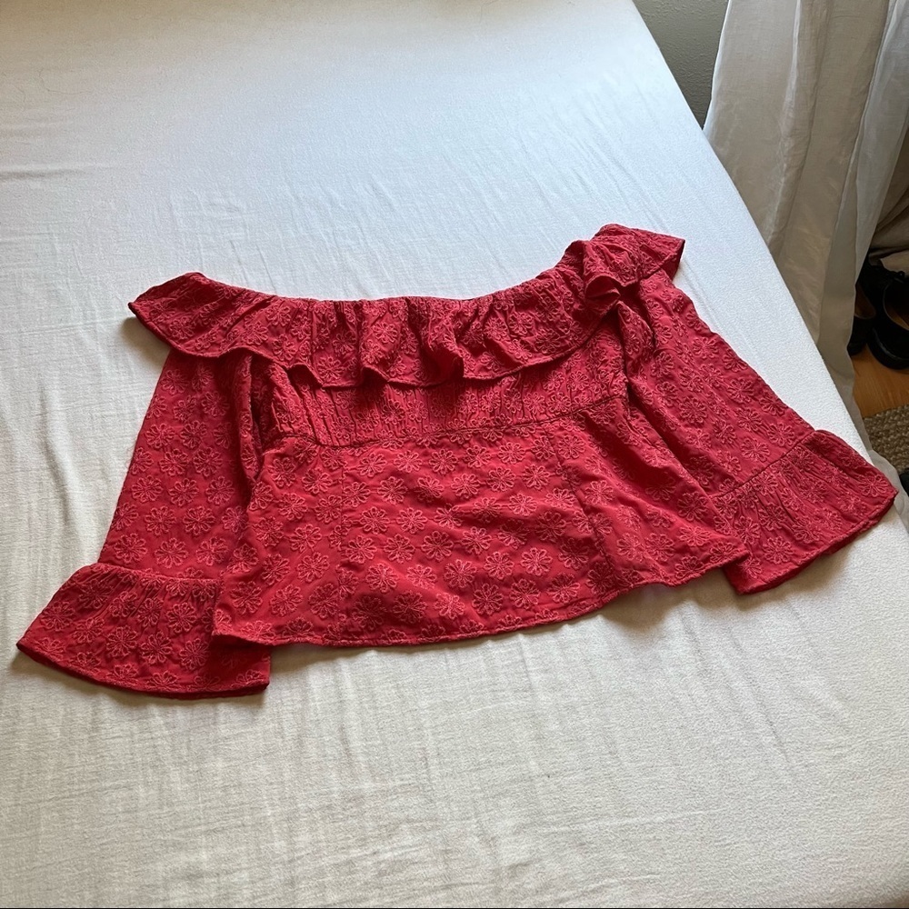 LOVERS + FRIENDS Pink Eyelet Lace Ruffle Off Shoulder Crop Blouse